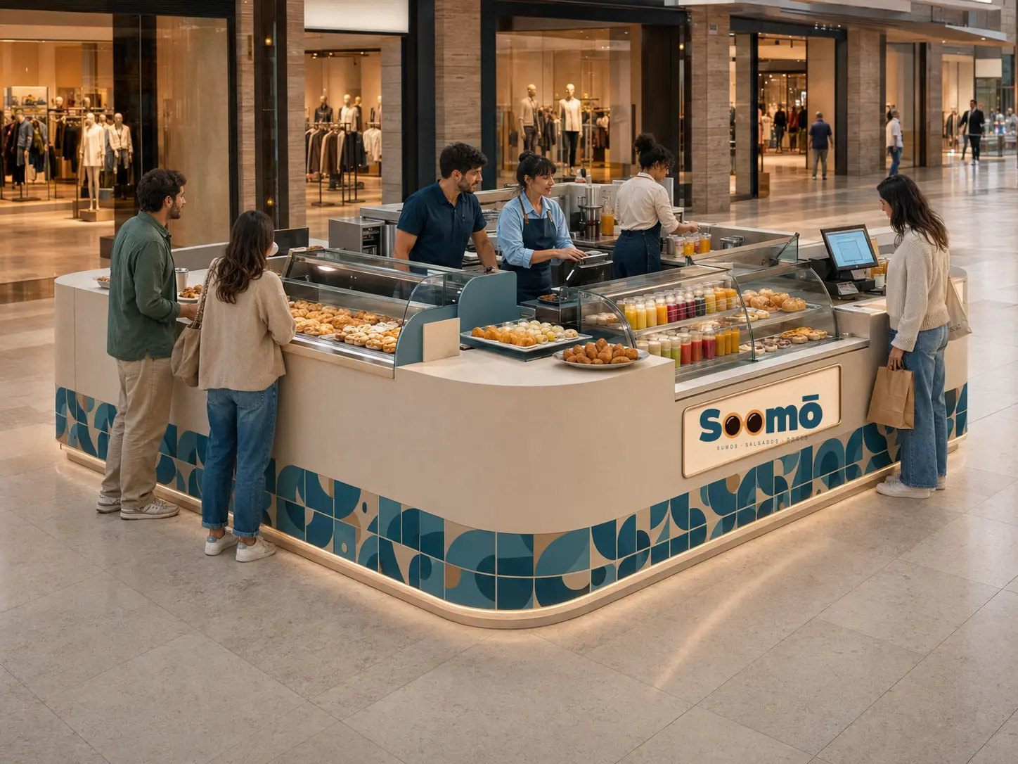 Conceito visual do quiosque Soomō num centro comercial